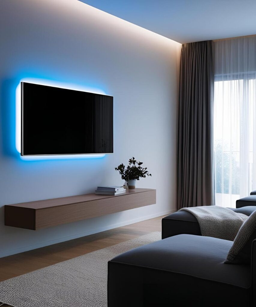 Image montrant une télévision accrochée à un mur.